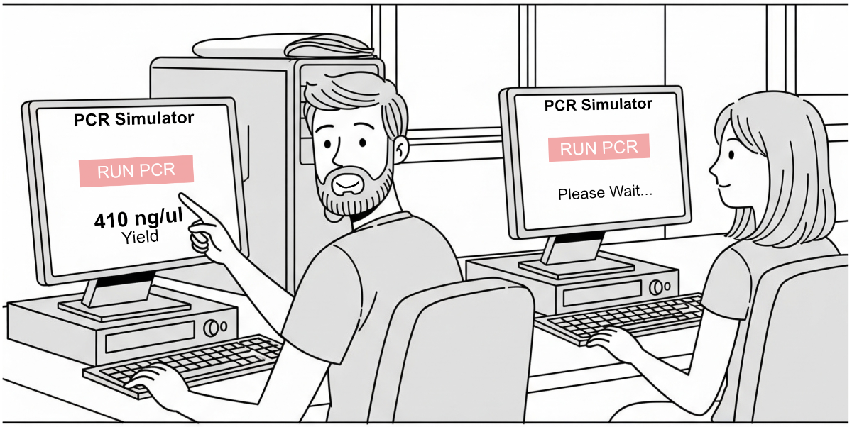 Image: Two students using the PCR simulator on desktop computers (cartoon)