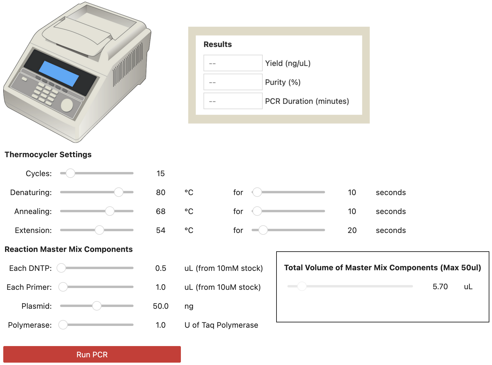 Image: User interface (Jupyter Notebook) of the local version of the PCR simulator